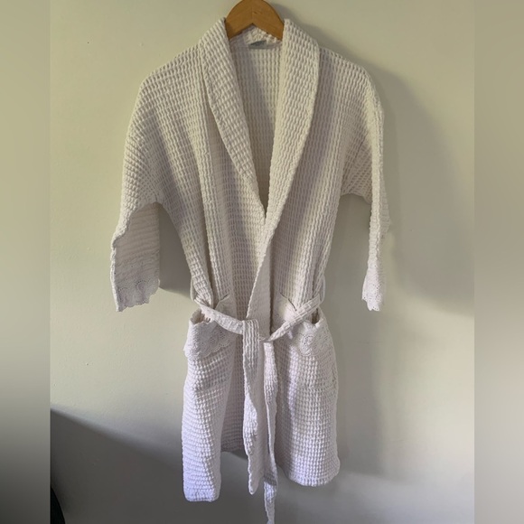 Women’s 100% Cotton White Waffle Knit Robe with Eyelet Accent Trim - Picture 3 of 15